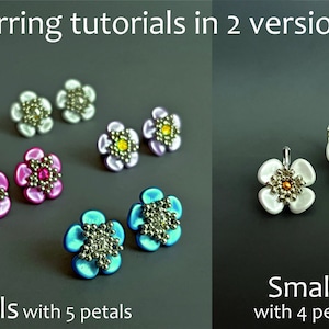 May include: Two versions of flower-shaped earrings. The first version has five petals and comes in white, pink, light purple, and blue. The second version has four petals and is white. Both versions have silver beads and a small bead in the centre.