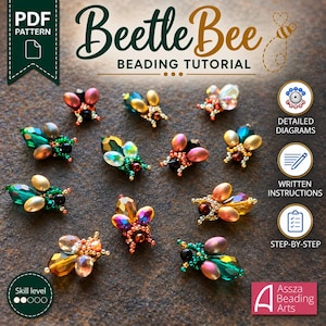 May include: A PDF beading tutorial titled Beetle Bee Beading Tutorial featuring detailed diagrams, written instructions, and step-by-step guides. The image displays ten small, colorful insect-shaped beadwork creations made with various crystals and seed beads.