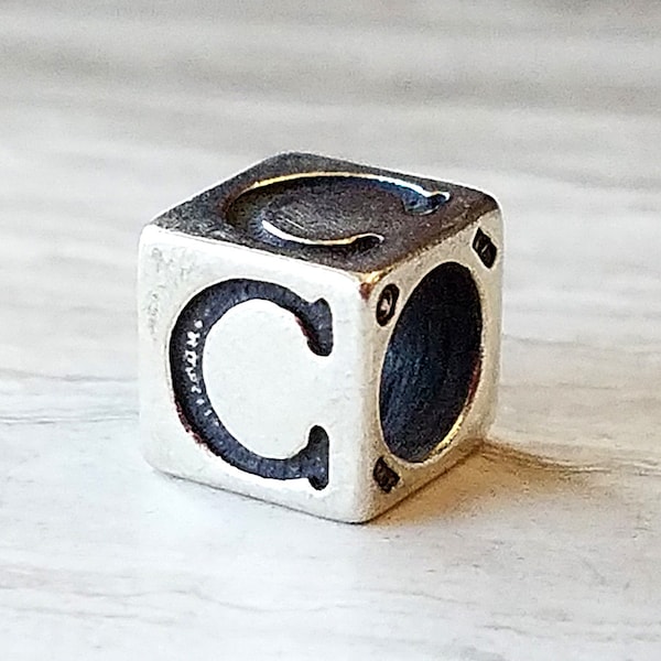 Sterling Silver Letter Alphabet Charm Cube Box Block Dice Bead Charm, Pandora Trollbead Compatible, Letter "C"  7 mm