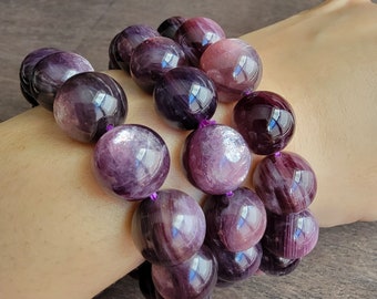 Bracciale in lepidolite viola, braccialetto con perline viola, pietra preziosa con flash, asterismo, Chatoyancey, occhio di gatto, 15 mm