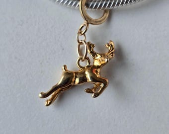 Gold Reindeer Charm for European Charm Bracelets | 24K Gold Vermeil over Sterling Silver | Christmas Reindeer | Compatible with Pandora