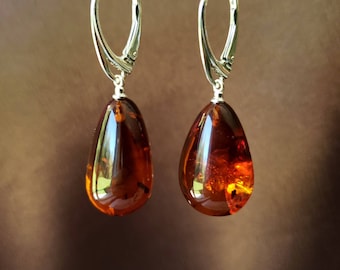 Baltic Amber Drop Earrings with Heavy Sterling Silver Ear Wires, Cognac Color 5 g