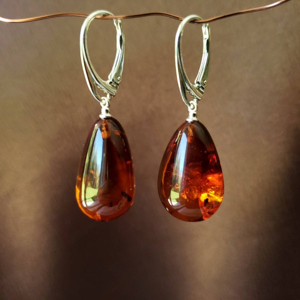 Baltic Amber Drop Earrings with Heavy Sterling Silver Ear Wires, Cognac Color Amber, 5 g