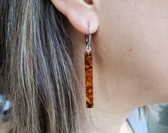 Modern Minimalist Baltic Amber Drop Earrings – Long Rectangle Bar with Sterling Silver Earwires