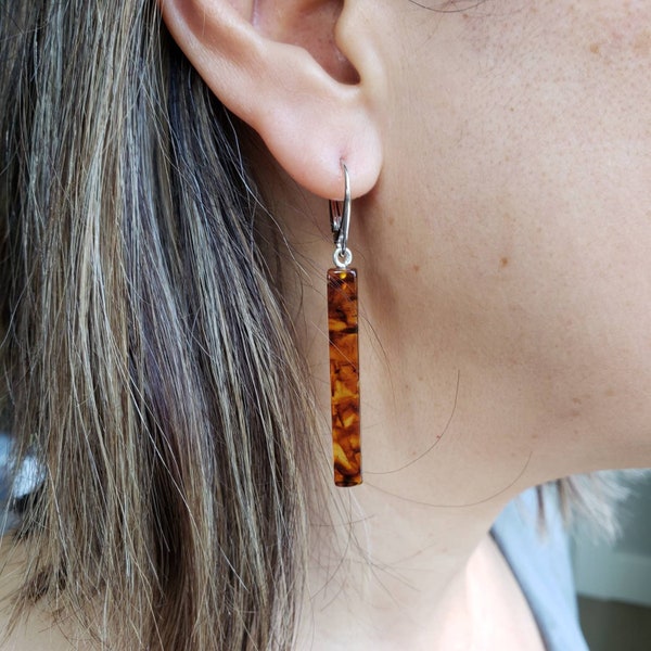 Baltic Amber Drop Rectangle Earrings with Sterling Silver Lever Back Ear Wires,  Amber Dangle Earrings, Modern Drop Earrings