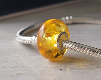 Natural Baltic Amber Charm Beads, Pandora and Trollbead Compatible, Sterling Silver Core, Light Honey Color