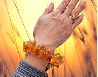 Chunky Amber Bracelet, Statement Bracelet, Bright Honey Color,  7 inches