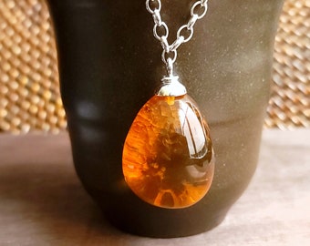 Large Amber Pendant Necklace, Gold Honey, with Adjustable Sterling Silver Chain