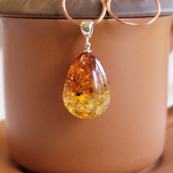 Large Teardrop Genuine Baltic Amber Pendant Necklace, Sterling Silver Bail