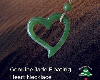 Large Jade Floating Heart Pendant Necklace, Natural Jade Heart Charm, Carved Jade Heart, Gift, Girlfriend, Good Luck Pendant