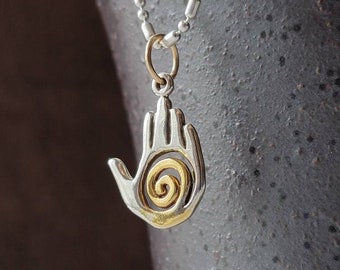 Healing Hand Necklace, Hamsa Hand Necklace, Hand of Fatima, Spiral Hand Pendant, Protection Necklace, Gold Hand Necklace