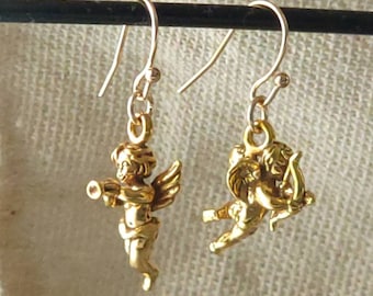 Gold Cupid Drop Earrings, 3-D Angel Earrings, Christmas Charms, Silver Cute Cherub Earrings, Easter Angel Charms