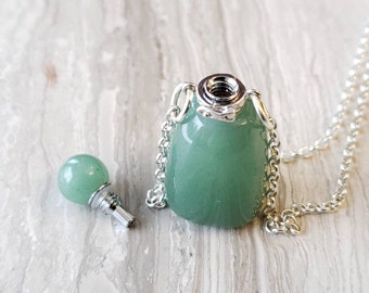 Green Aventurine Stone Bottle Necklace, Essential Oil Bottle Pendant, Aromatherapy Necklace, Serpentine Necklace, Good Luck