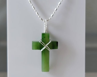 Large Jade Cross Pendant Necklace with Wire-Wrapped Bail, Jade Necklace, Cross Necklace, Stone Pendant, Gift for Men and Women