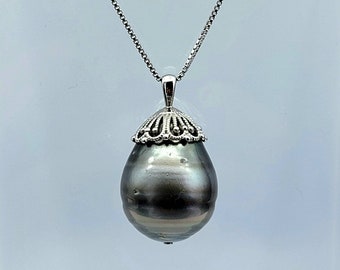 Collana di perle di Tahiti grigio scuro con catena di scatole d'argento 925 fine da 18 "