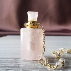 Natural Rose Quartz Aromatherapy Bottle Necklace, Perfume Bottle Pendant, Stone Necklace, Pink Stone Pendant, Essential Oil Diffuser