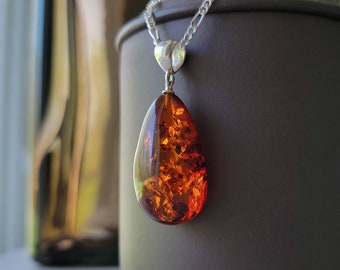 Baltic Amber Pendant, Baltic Amber Necklace, Dark Cognac Cherry Amber, Chakra Jewelry, Wife Gift, Girlfriend Gift