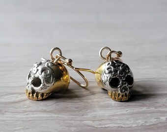 Gold Sugar Skull Earrings, Sterling Silver Sugar Skull, Vermeil Sugar Skull, Cinco de Mayo, Goth, Day of the Dead, Statement Jewelry