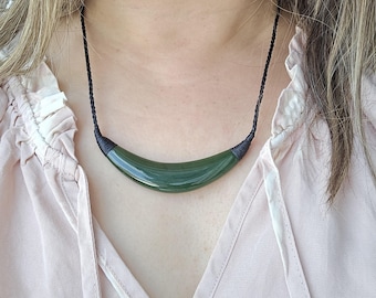 Genuine Large Crescent Jade Necklace | Adjustable Wax Cord | Natural Green Jade Statement Pendant | Handmade Artisan Jewelry