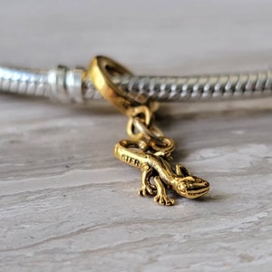 May include: Gold charm in the shape of a lizard with the word "STER" engraved on the side. The charm is attached to a silver bracelet.