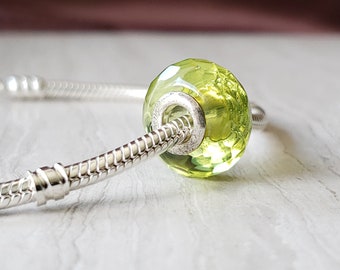 Natural Green Amber Bead Charm with Sterling Silver Core, Faceted Green Caribbean Amber, Apple Green Round