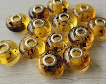 Natural Baltic Amber Charm Beads, Pandora and Trollbead Compatible, Sterling Silver Core, Light Honey with Inclusions