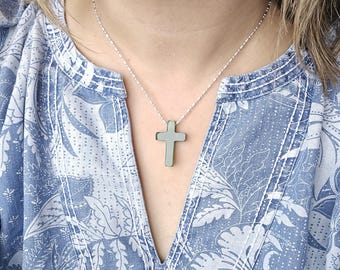 Large Jade Cross Pendant Necklace with drilled hole for chain necklace, Minimalist Cross Pendant, Floating Cross Pendant