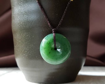 Genuine Jade Donut Pendant Necklace, Nephrite Jade Pi Necklace, Jade Pi Pendant, Jade Necklace, Fortune and Good Luck Charm