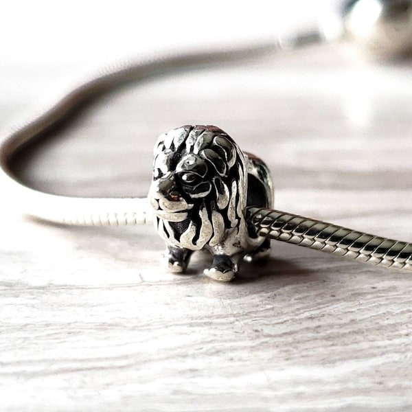Silver Lion Charm Spacer Bead, 925 Silver Bracelet Charm, Pandora Essence | Pandora Me Compatible, 3 grams, 12mm x 9.5mm