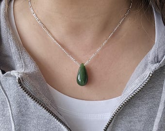 Canadian Nephrite Jade Drop Pendant – Medium Green Translucent Gemstone Necklace Bead with Large Hole, Natural Jade Jewelry