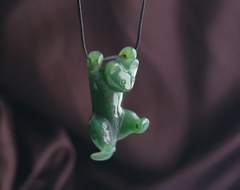 Jade Cat Necklace, 3-D Jade Cat Pendant, Nephrite Green Jade Cat, Hand Carved Jade Kitty, Jade Necklace, Fortune and Good Luck