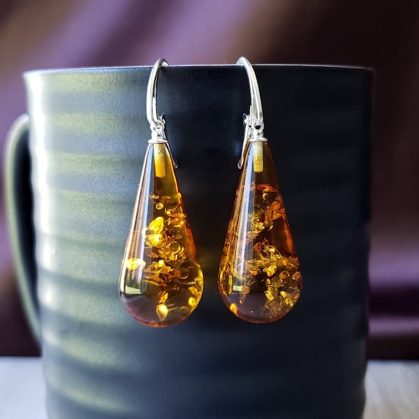 Large Baltic Amber Drop Earrings, heavy sterling silver leverback earwires, teardrop amber earrings, Statement Earrings, Lux Earrings 8.6g