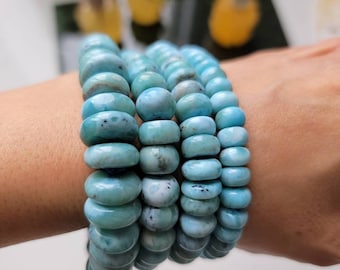 Larimar Bracelet, Larimar Rondelle Bead Bracelet, Dominican Blue Gemstone, 8 to 10 mm