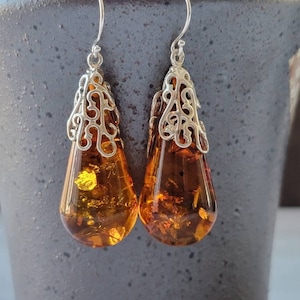 Large Baltic Amber Drop Earrings set in Sterling Silver, teardrop amber earrings, warm honey amber earrings