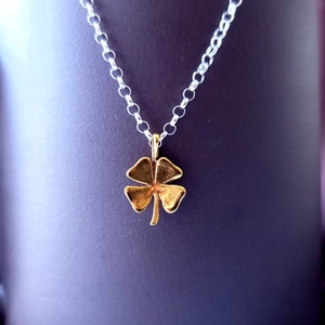 Gold 4 Leaf Clover Silver Charm Necklace, St. Patrick&#39;s Day Pendant, Clover Pendant, Irish Charm Necklace, Celtic Charms