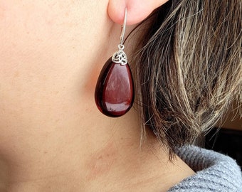 Large Baltic Amber Teardrop Earrings with 925 Sterling Vintage Style Filigree Leverback Earwires, Cognac Color