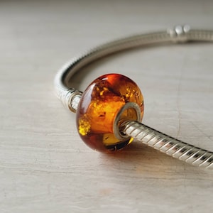 Natural Baltic Honey Charm Beads, Pandora and Trollbead Compatible, Sterling Silver Core, Dark Honey Color