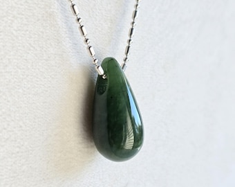 Green Jade Drop Pendant – Medium Green Translucent Gemstone Teardrop Bead with Large Hole, Natural Canadian Jade Jewelry, 25mm