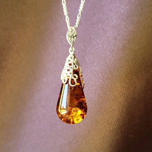 Large Baltic Amber Pendant with Filigree Silver Bail, Warm Honey Amber