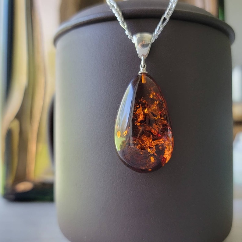 Baltic Amber Pendant, Baltic Amber Necklace, Dark Cognac Cherry Amber, Chakra Jewelry, Wife Gift, Girlfriend Gift image 2