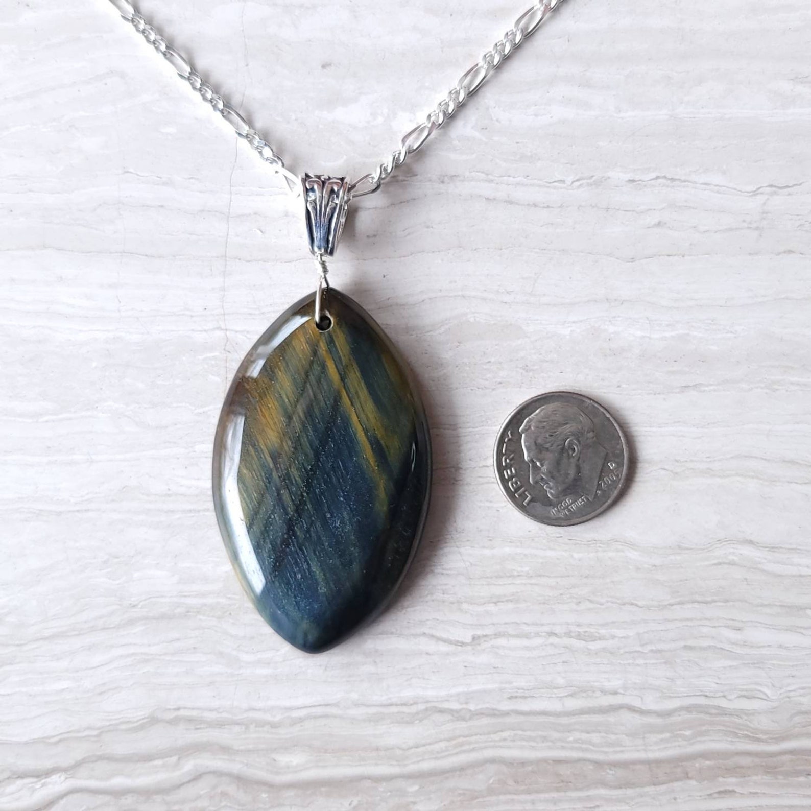 Blue Tigereye Pendant Necklace Heavy Sterling Silver Bail and Etsy