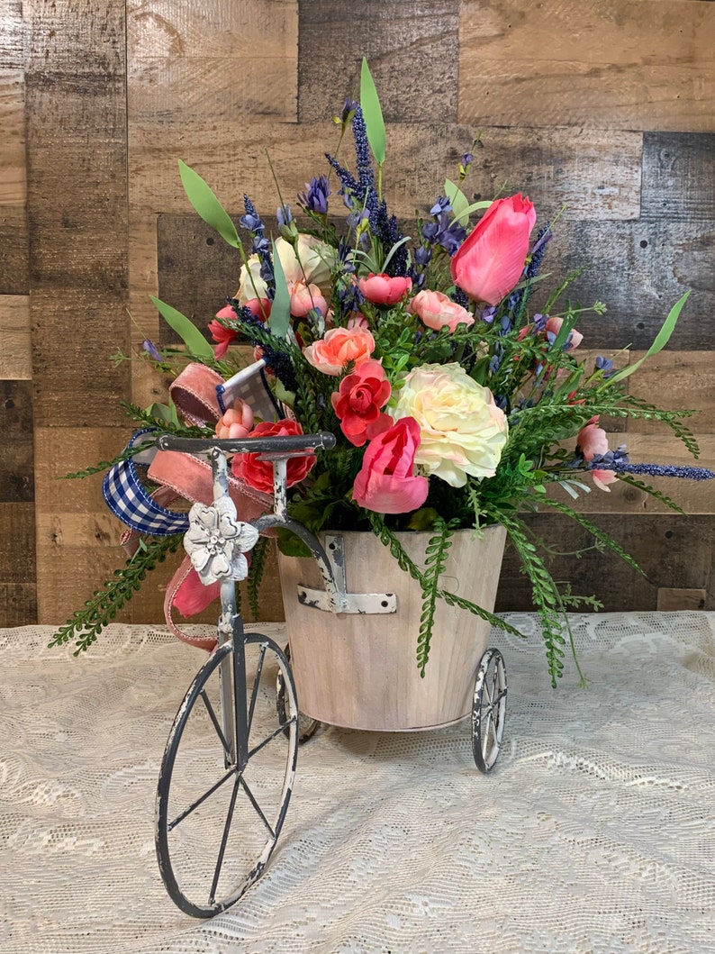 Spring Floral Arrangement-Floral Tricycle Arrangement-Mothers Day Gift-Floral Centerpiece-Pink and Blue Floral Arrangement Bild 8