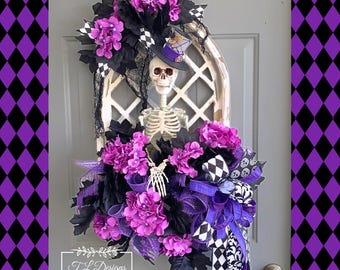 Halloween Wreath-Skeleton Wreath-Spooky Halloween Wreath-Purple and Black Halloween Wreath-Halloween Decoration-Front Door Wreath