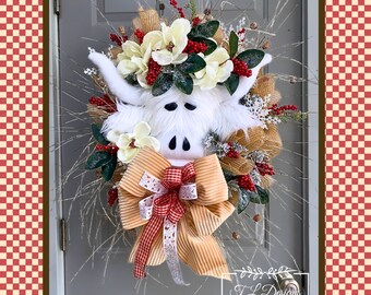 Highland Cow Christmas Wreath-Christmas Wreath-Christmas Decoration-Christmas Decor-Highand Cow Decor-Christmas Farmhouse Wreath-