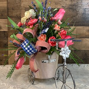 Spring Floral Arrangement-Floral Tricycle Arrangement-Mothers Day Gift-Floral Centerpiece-Pink and Blue Floral Arrangement Bild 9