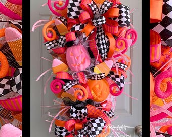 Halloween Wreath-Halloween Decoration-Jack O Lantern Wreath-Jack O Lantern Decoration-Orange and Pink Halloween Decor