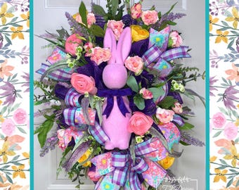 Easter Wreath-Flocked Bunny Easter Wreath-Lavender Easter Wreath-Purple Easter Wreath-Easter Decor-Easter Decorations