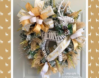 Reindeer Christmas Wreath-Christmas Wreath-White and Silver Christmas Wreath-Front Door Christmas Wreath