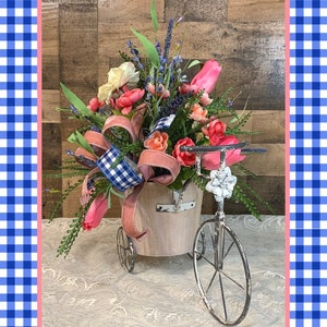 Spring Floral Arrangement-Floral Tricycle Arrangement-Mothers Day Gift-Floral Centerpiece-Pink and Blue Floral Arrangement Bild 1