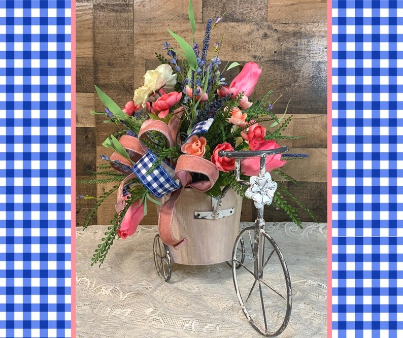 Spring Floral Arrangement-Floral Tricycle Arrangement-Mothers Day Gift-Floral Centerpiece-Pink and Blue Floral Arrangement Bild 1